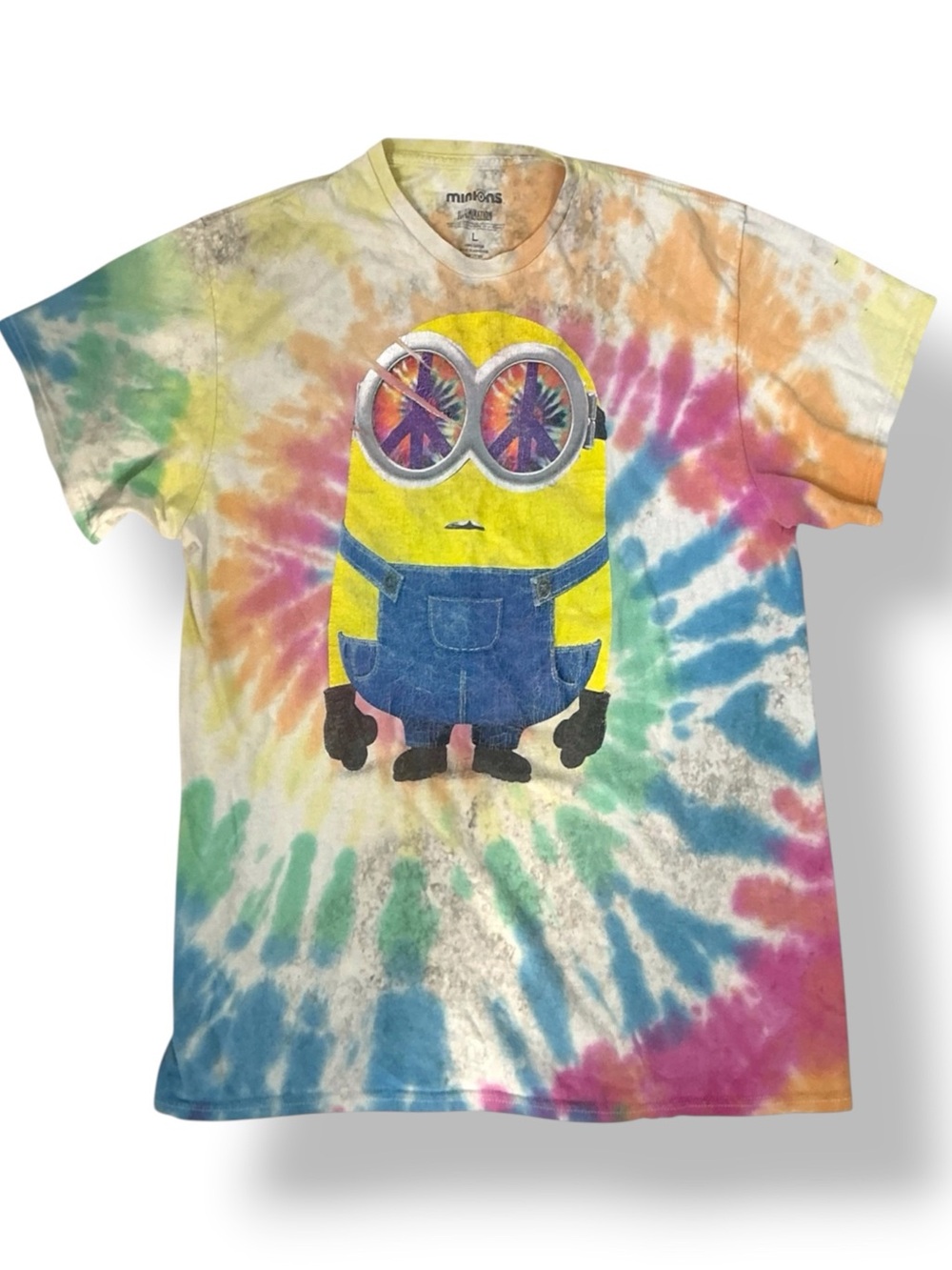 Minions Vintage T Shirt 100% Cotton Hippie Tie-Dyed  Short Sleeves Mens Large